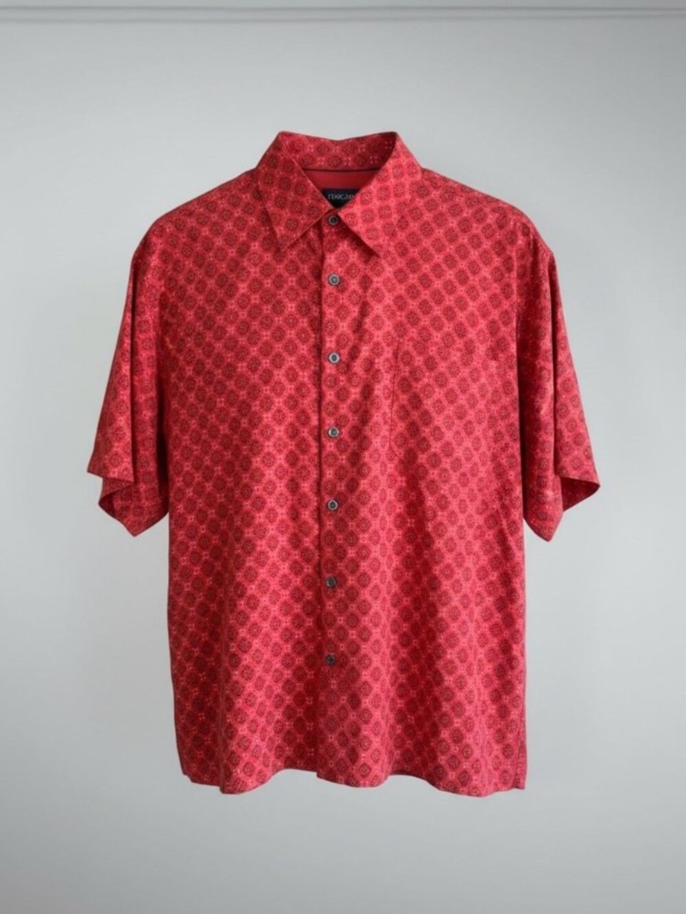 Toscano Men's 100% Silk Short Sleeve Shirt Red Geometric Pattern Size Large